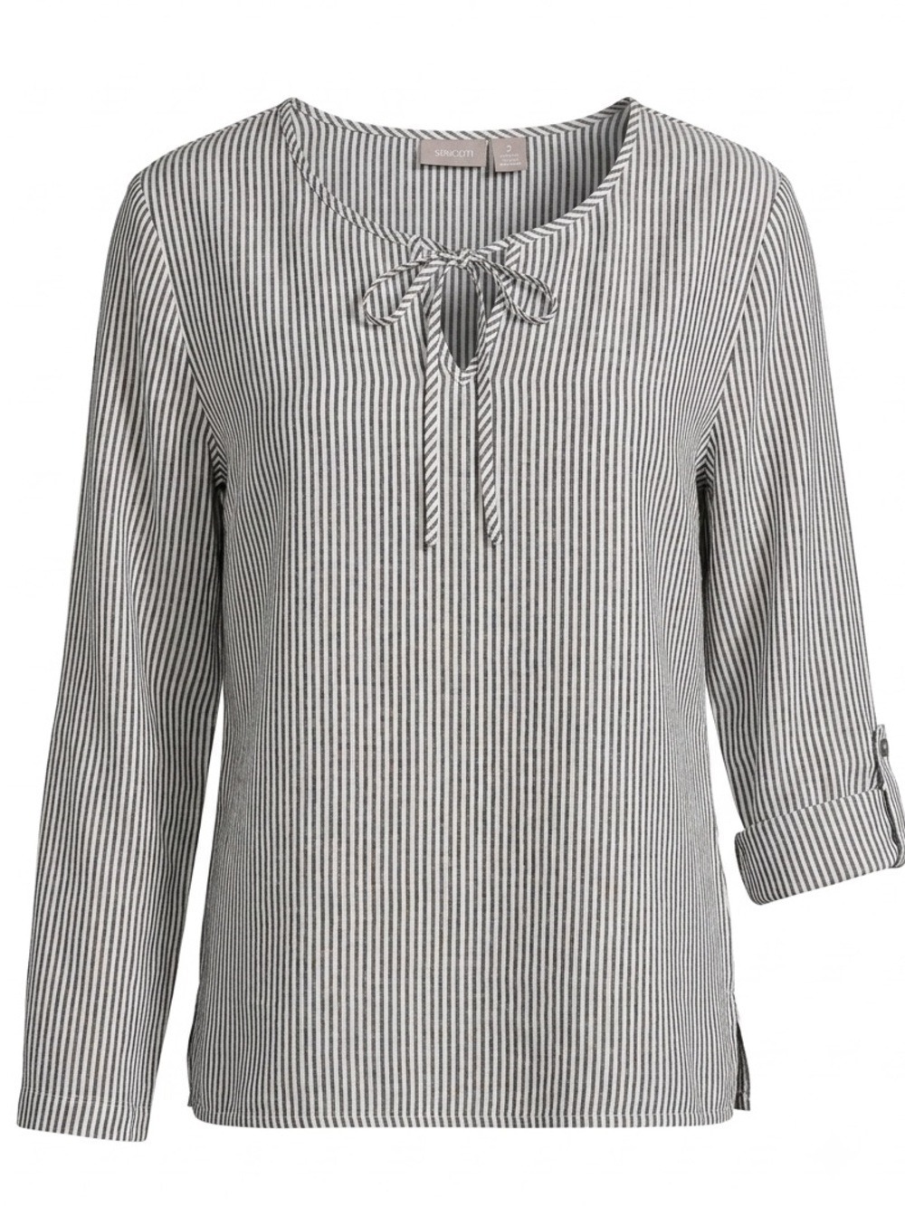 Chico's Grey & White Striped Tie-Neck Blouse Linen Blend Large